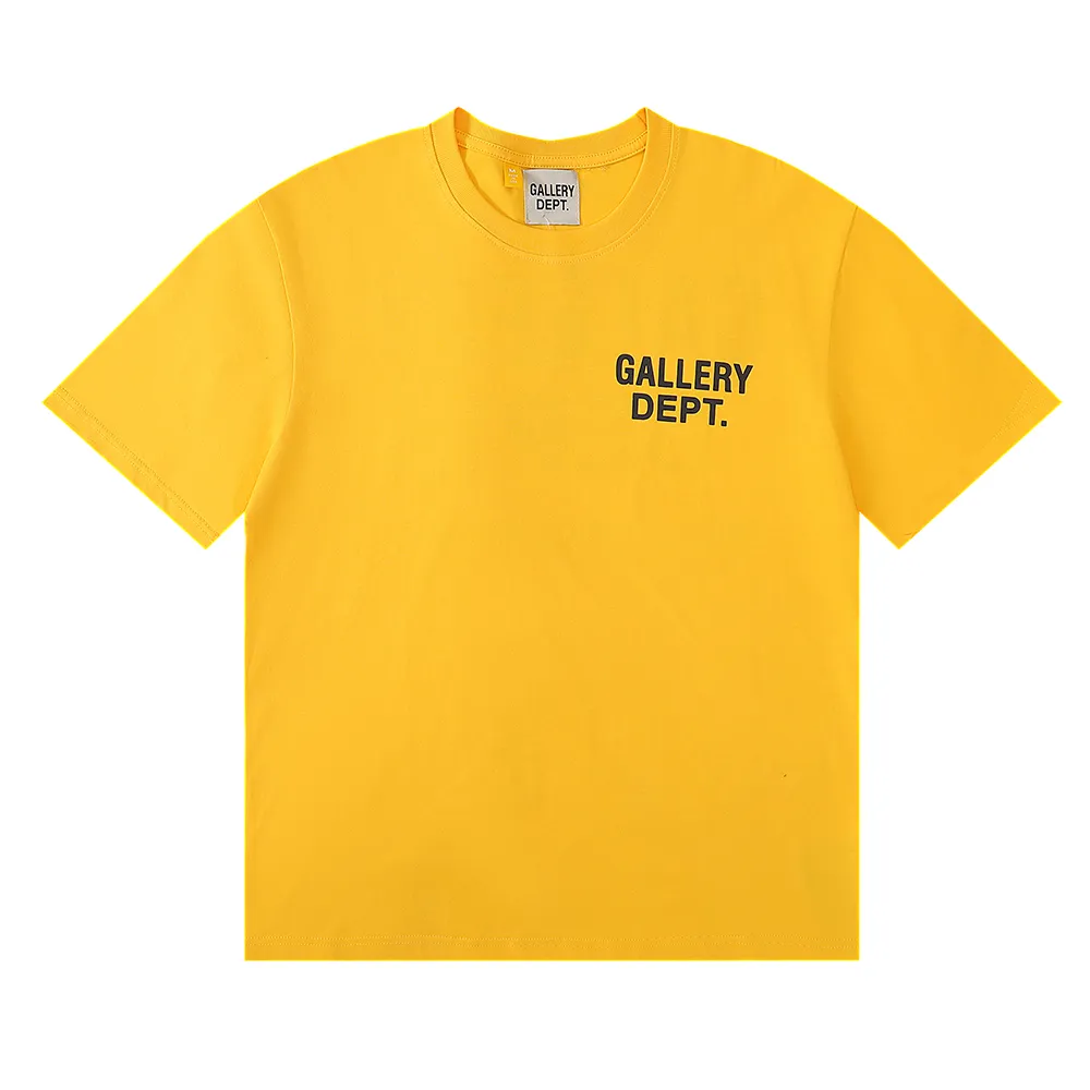 No. 6031, batch 96, American trendy brand GALLERY DEPT classic Hollywood letter print high-quality double yarn pure cotton short-sleeved T-shirt for men and women. Selected 230g 32 count smooth double yarn fabric, fine workmanship and excellent quality! The fit is loose and super comfortable to wear, and the size is 2 sizes larger than the normal domestic size.  Color: white; black, yellow, blue Size: S M L Length 78cm, bust 124cm, shoulder width 55cm, sleeve length 25cm.